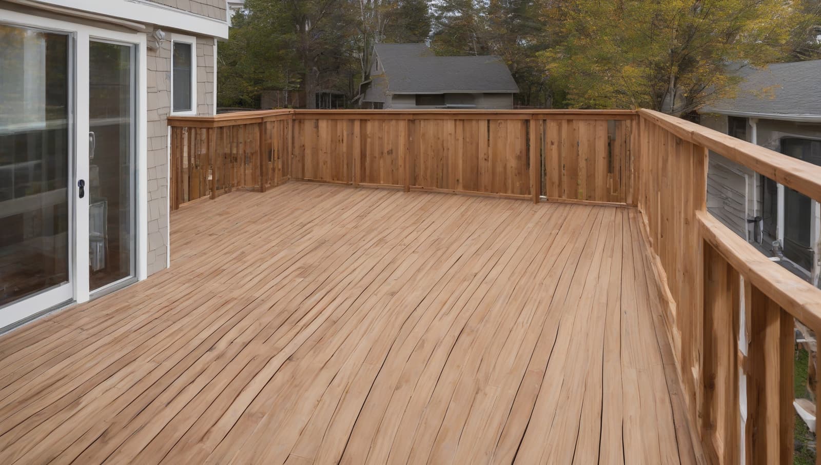 New elevated wood deck freshly built onto the back of a house