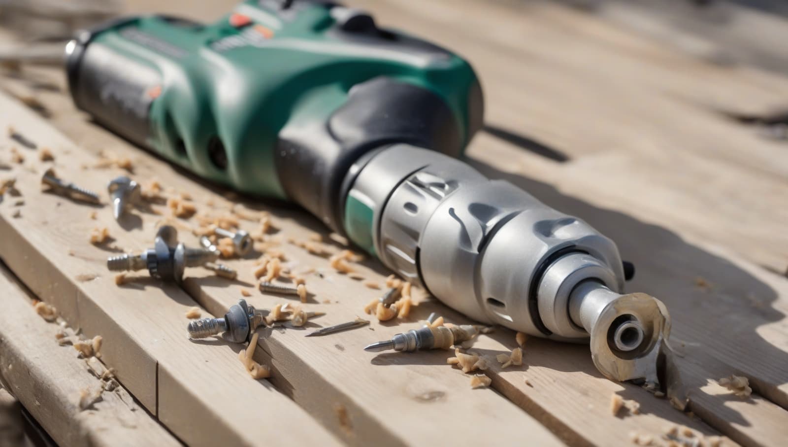 Cordless drill and wood screws mid-repair on fresh deck boards