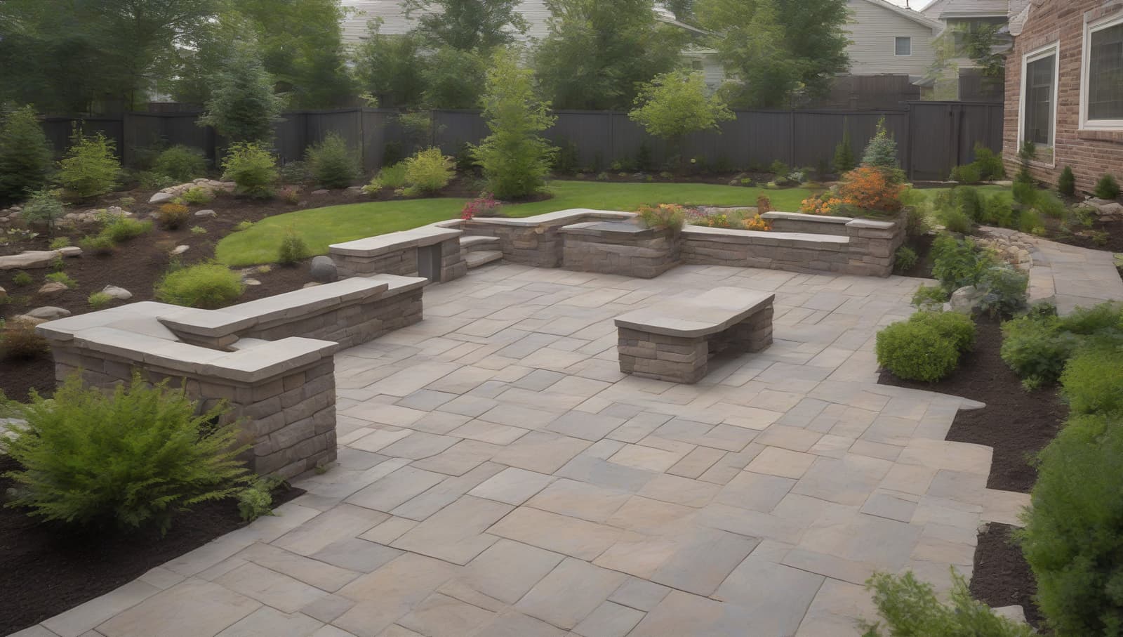 At-grade paver patio installed in a backyard