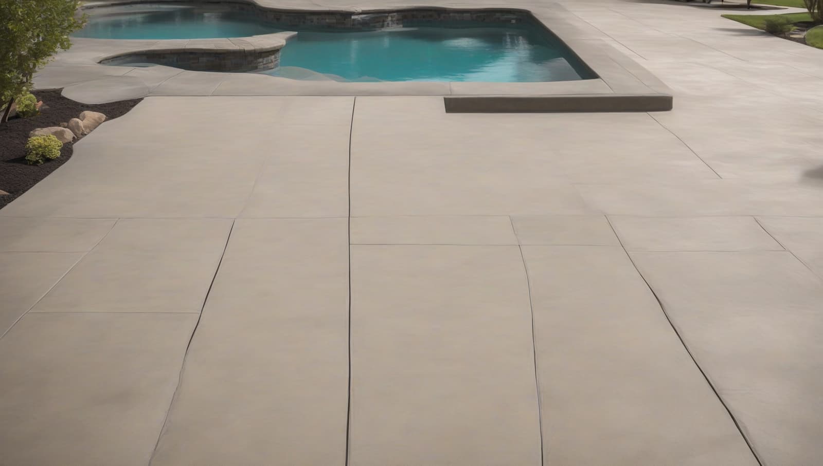 Resurfaced concrete pool deck beside a residential swimming pool