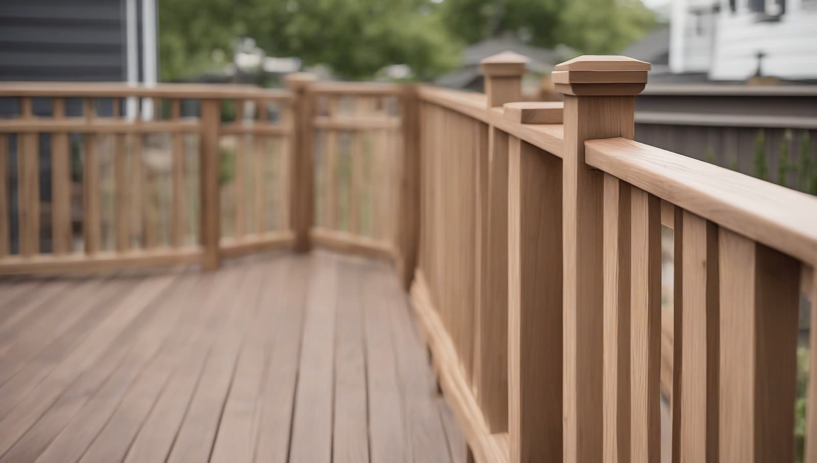 Close-up detail of a wood deck railing system