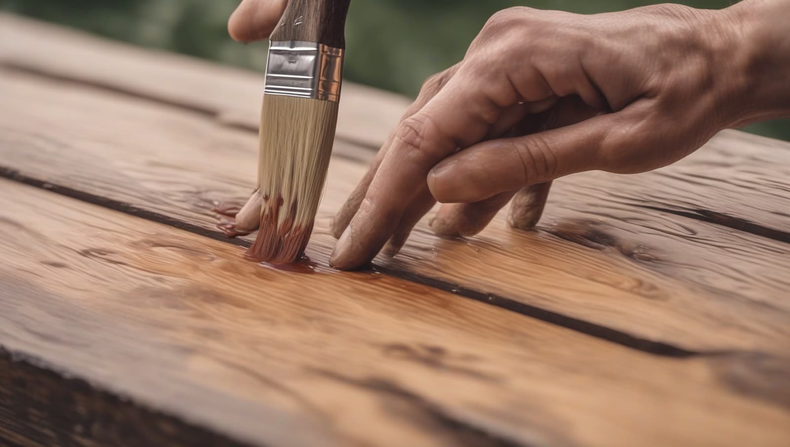 Hand applying wood stain to deck boards with a brush