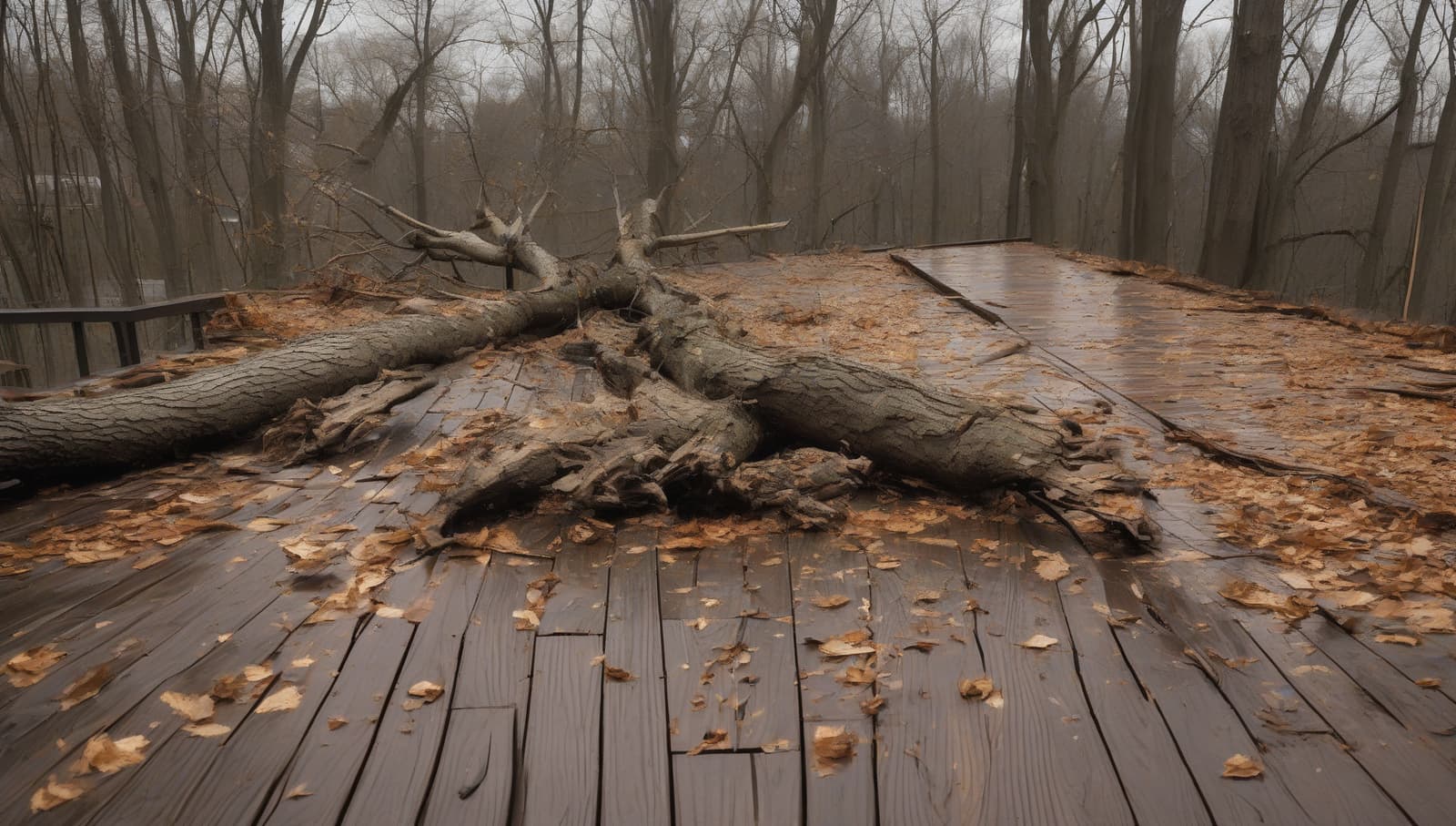 A fallen tree limb resting across an otherwise intact deck after a storm
